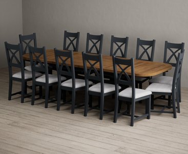 View Extending olympia 180cm oak and dark blue dining table with 12 light grey painted chairs View Extending olympia 180cm oak and dark blue dining table with 12 light grey painted chairs