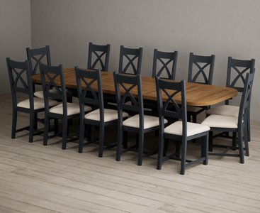 View Extending olympia 180cm oak and dark blue dining table with 12 linen painted chairs View Extending olympia 180cm oak and dark blue dining table with 12 linen painted chairs