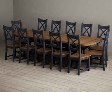 View Extending olympia 180cm oak and dark blue dining table with 12 rustic oak painted chairs View Extending olympia 180cm oak and dark blue dining table with 12 rustic oak painted chairs