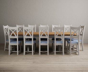 View Extending olympia 180cm oak and soft white painted dining table with 12 blue painted chairs View Extending olympia 180cm oak and soft white painted dining table with 12 blue painted chairs