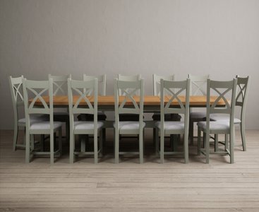 View Extending olympia 180cm oak and soft green dining table with 12 light grey painted chairs View Extending olympia 180cm oak and soft green dining table with 12 light grey painted chairs