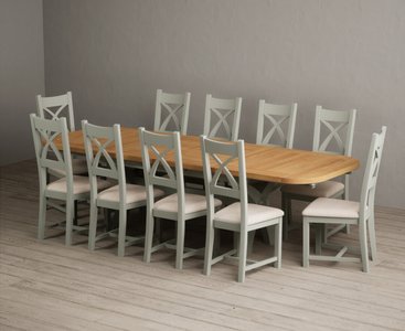 View Extending olympia 180cm oak and soft green dining table with 12 linen painted chairs View Extending olympia 180cm oak and soft green dining table with 12 linen painted chairs