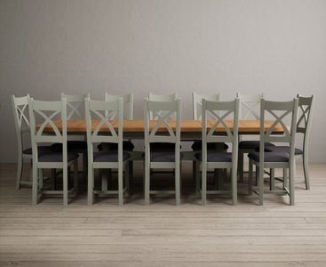 View Extending olympia 180cm oak and soft green dining table with 12 charcoal grey painted chairs View Extending olympia 180cm oak and soft green dining table with 12 charcoal grey painted chairs