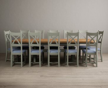 View Extending olympia 180cm oak and soft green dining table with 12 blue painted chairs View Extending olympia 180cm oak and soft green dining table with 12 blue painted chairs