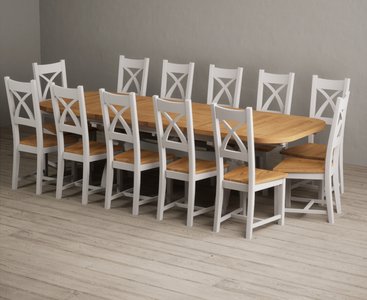 View Extending olympia 180cm oak and soft white painted dining table with 12 oak painted chairs View Extending olympia 180cm oak and soft white painted dining table with 12 oak painted chairs