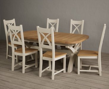 View Extending olympia 180cm oak and cream painted dining table with 12 light grey painted chairs View Extending olympia 180cm oak and cream painted dining table with 12 light grey painted chairs