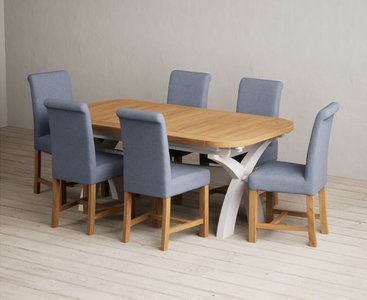View Extending olympia 180cm oak and soft white painted dining table with 6 blue braced chairs View Extending olympia 180cm oak and soft white painted dining table with 6 blue braced chairs