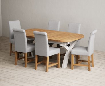 View Extending olympia 180cm oak and soft white painted dining table with 6 grey braced chairs View Extending olympia 180cm oak and soft white painted dining table with 6 grey braced chairs