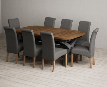 View Extending olympia 180cm oak and charcoal grey dining table with 8 charcoal grey scroll back chairs View Extending olympia 180cm oak and charcoal grey dining table with 8 charcoal grey scroll back chairs