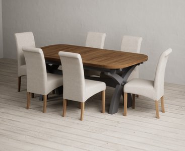 View Extending olympia 180cm oak and charcoal grey dining table with 6 natural scroll back chairs View Extending olympia 180cm oak and charcoal grey dining table with 6 natural scroll back chairs