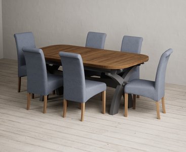View Extending olympia 180cm oak and charcoal grey dining table with 6 blue scroll back chairs View Extending olympia 180cm oak and charcoal grey dining table with 6 blue scroll back chairs