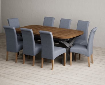 View Extending olympia 180cm oak and charcoal grey dining table with 8 blue scroll back chairs View Extending olympia 180cm oak and charcoal grey dining table with 8 blue scroll back chairs