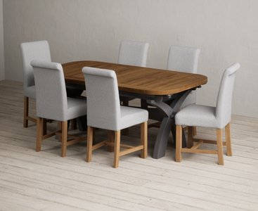 View Extending olympia 180cm oak and charcoal grey dining table with 6 grey braced chairs View Extending olympia 180cm oak and charcoal grey dining table with 6 grey braced chairs