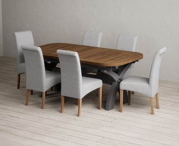 View Extending olympia 180cm oak and charcoal grey dining table with 6 grey scroll back chairs View Extending olympia 180cm oak and charcoal grey dining table with 6 grey scroll back chairs