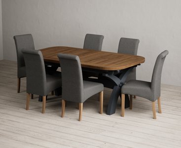 View Extending olympia 180cm oak and dark blue dining table with 6 charcoal grey scroll back chairs View Extending olympia 180cm oak and dark blue dining table with 6 charcoal grey scroll back chairs