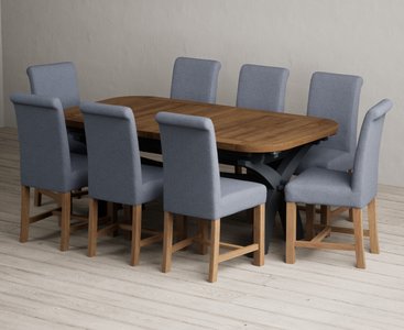 View Extending olympia 180cm oak and dark blue dining table with 8 blue braced chairs View Extending olympia 180cm oak and dark blue dining table with 8 blue braced chairs