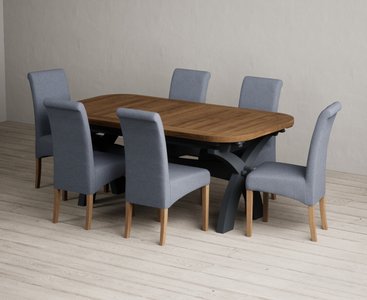 View Extending olympia 180cm oak and dark blue dining table with 6 blue scroll back chairs View Extending olympia 180cm oak and dark blue dining table with 6 blue scroll back chairs