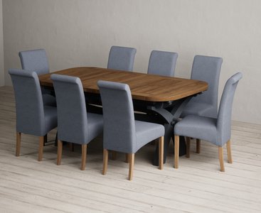View Extending olympia 180cm oak and dark blue dining table with 8 blue scroll back chairs View Extending olympia 180cm oak and dark blue dining table with 8 blue scroll back chairs