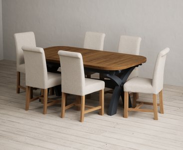 View Extending olympia 180cm oak and dark blue dining table with 6 natural braced chairs View Extending olympia 180cm oak and dark blue dining table with 6 natural braced chairs