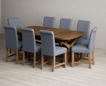 View Extending olympia 180cm rustic solid oak dining table with 8 blue braced chairs View Extending olympia 180cm rustic solid oak dining table with 8 blue braced chairs