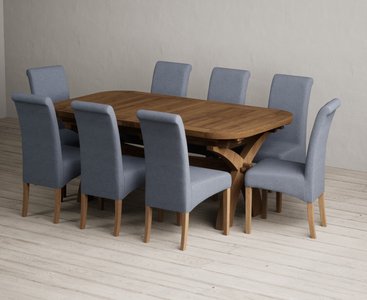 View Extending olympia 180cm rustic solid oak dining table with 8 blue scroll back chairs View Extending olympia 180cm rustic solid oak dining table with 8 blue scroll back chairs