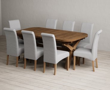 View Extending olympia 180cm rustic solid oak dining table with 8 grey scroll back chairs View Extending olympia 180cm rustic solid oak dining table with 8 grey scroll back chairs