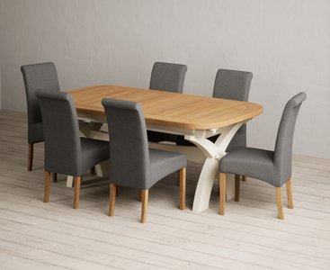 View Extending olympia 180cm oak and cream painted dining table with 6 charcoal grey scroll back chairs View Extending olympia 180cm oak and cream painted dining table with 6 charcoal grey scroll back chairs