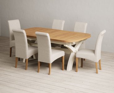 View Extending olympia 180cm oak and cream painted dining table with 10 grey scroll back chairs View Extending olympia 180cm oak and cream painted dining table with 10 grey scroll back chairs