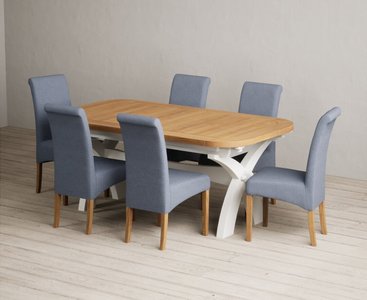 View Extending olympia 180cm oak and signal white painted dining table with 10 grey scroll back chairs View Extending olympia 180cm oak and signal white painted dining table with 10 grey scroll back chairs