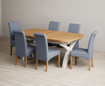 View Extending olympia 180cm oak and soft white painted dining table with 6 blue scroll back chairs View Extending olympia 180cm oak and soft white painted dining table with 6 blue scroll back chairs