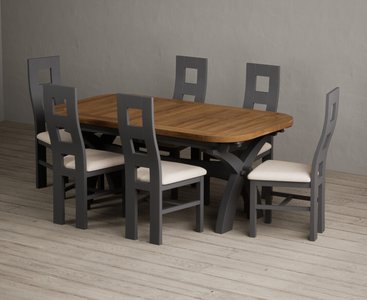 View Extending olympia 180cm oak and charcoal grey dining table with 6 linen painted chairs View Extending olympia 180cm oak and charcoal grey dining table with 6 linen painted chairs