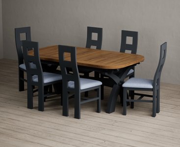 View Extending olympia 180cm oak and dark blue dining table with 6 blue painted chairs View Extending olympia 180cm oak and dark blue dining table with 6 blue painted chairs