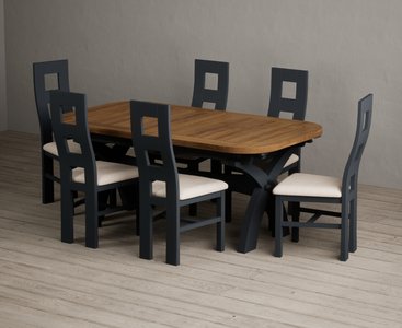 View Extending olympia 180cm oak and dark blue dining table with 6 linen painted chairs View Extending olympia 180cm oak and dark blue dining table with 6 linen painted chairs
