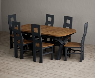 View Extending olympia 180cm oak and dark blue dining table with 6 rustic oak painted chairs View Extending olympia 180cm oak and dark blue dining table with 6 rustic oak painted chairs
