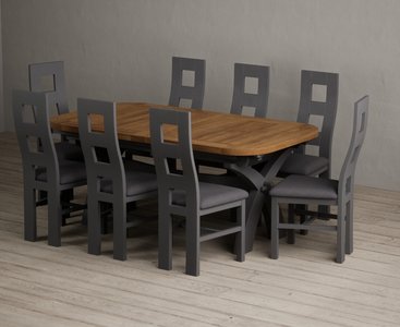 View Extending olympia 180cm oak and charcoal grey dining table with 8 charcoal grey painted chairs View Extending olympia 180cm oak and charcoal grey dining table with 8 charcoal grey painted chairs