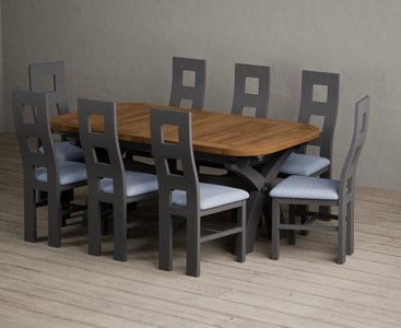 View Extending olympia 180cm oak and charcoal grey dining table with 8 blue painted chairs View Extending olympia 180cm oak and charcoal grey dining table with 8 blue painted chairs