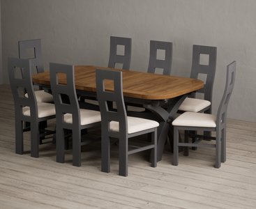 View Extending olympia 180cm oak and charcoal grey dining table with 8 linen painted chairs View Extending olympia 180cm oak and charcoal grey dining table with 8 linen painted chairs