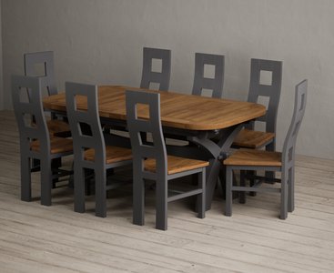 View Extending olympia 180cm oak and charcoal grey dining table with 8 rustic oak painted chairs View Extending olympia 180cm oak and charcoal grey dining table with 8 rustic oak painted chairs