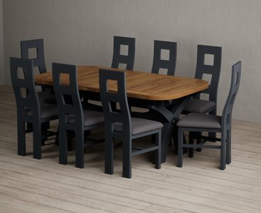 View Extending olympia 180cm oak and dark blue dining table with 8 charcoal grey painted chairs View Extending olympia 180cm oak and dark blue dining table with 8 charcoal grey painted chairs