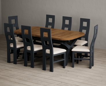 View Extending olympia 180cm oak and dark blue dining table with 8 linen painted chairs View Extending olympia 180cm oak and dark blue dining table with 8 linen painted chairs