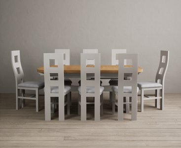 View Extending olympia 180cm oak and soft white painted dining table with 8 light grey painted chairs View Extending olympia 180cm oak and soft white painted dining table with 8 light grey painted chairs
