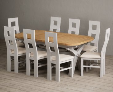 View Extending olympia 180cm oak and soft white painted dining table with 8 linen painted chairs View Extending olympia 180cm oak and soft white painted dining table with 8 linen painted chairs