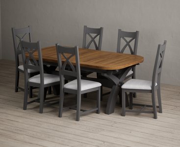 View Extending olympia 180cm oak and charcoal grey dining table with 6 light grey painted chairs View Extending olympia 180cm oak and charcoal grey dining table with 6 light grey painted chairs