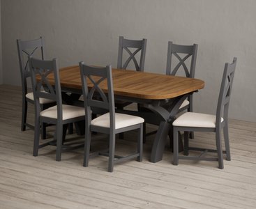 View Extending olympia 180cm oak and charcoal grey dining table with 6 linen painted chairs View Extending olympia 180cm oak and charcoal grey dining table with 6 linen painted chairs