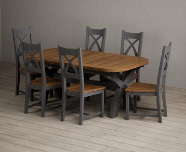 View Extending olympia 180cm oak and charcoal grey dining table with 6 rustic oak painted chairs View Extending olympia 180cm oak and charcoal grey dining table with 6 rustic oak painted chairs