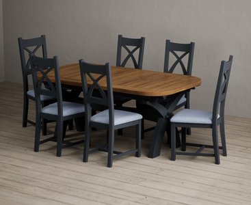 View Extending olympia 180cm oak and dark blue dining table with 6 blue painted chairs View Extending olympia 180cm oak and dark blue dining table with 6 blue painted chairs