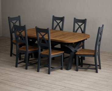 View Extending olympia 180cm oak and dark blue dining table with 6 rustic oak painted chairs View Extending olympia 180cm oak and dark blue dining table with 6 rustic oak painted chairs