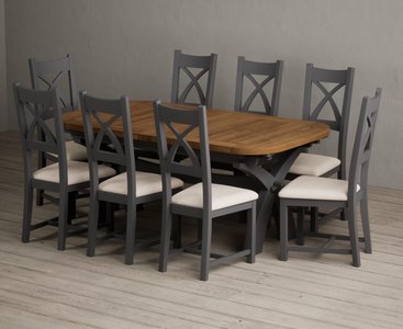 View Extending olympia 180cm oak and charcoal grey dining table with 8 linen painted chairs View Extending olympia 180cm oak and charcoal grey dining table with 8 linen painted chairs