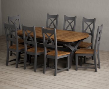 View Extending olympia 180cm oak and charcoal grey dining table with 8 rustic oak painted chairs View Extending olympia 180cm oak and charcoal grey dining table with 8 rustic oak painted chairs