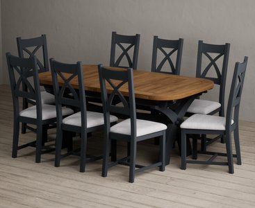 View Extending olympia 180cm oak and dark blue dining table with 8 light grey painted chairs View Extending olympia 180cm oak and dark blue dining table with 8 light grey painted chairs